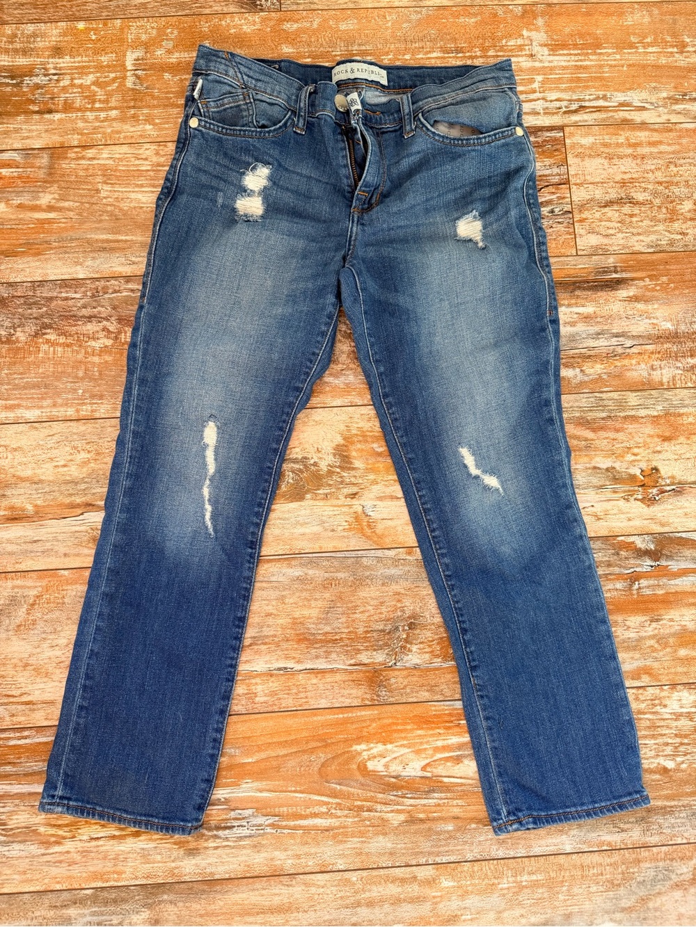 Rock & Republic Boyfriend Jeans in Distressed Blue Wash